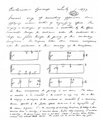 This is a page from Tesla's research notes, that chronicle his experiments in Colorado Springs in 1899-1900